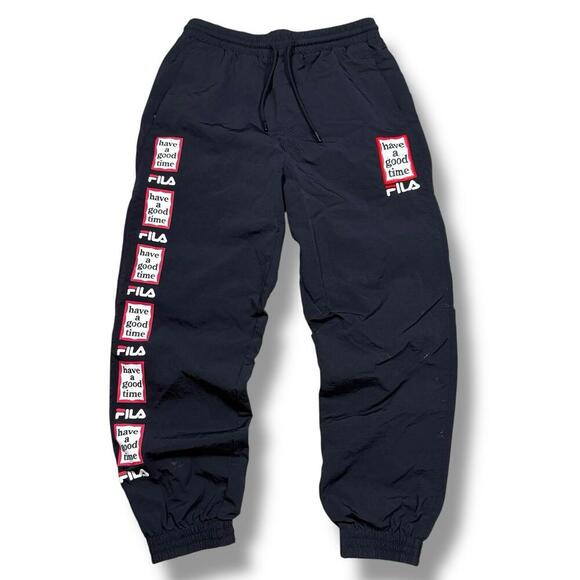 FILA x Have A Good Time Black Track Pants Men’s M Loose Fit Logo Joggers Street - Picture 1 of 8